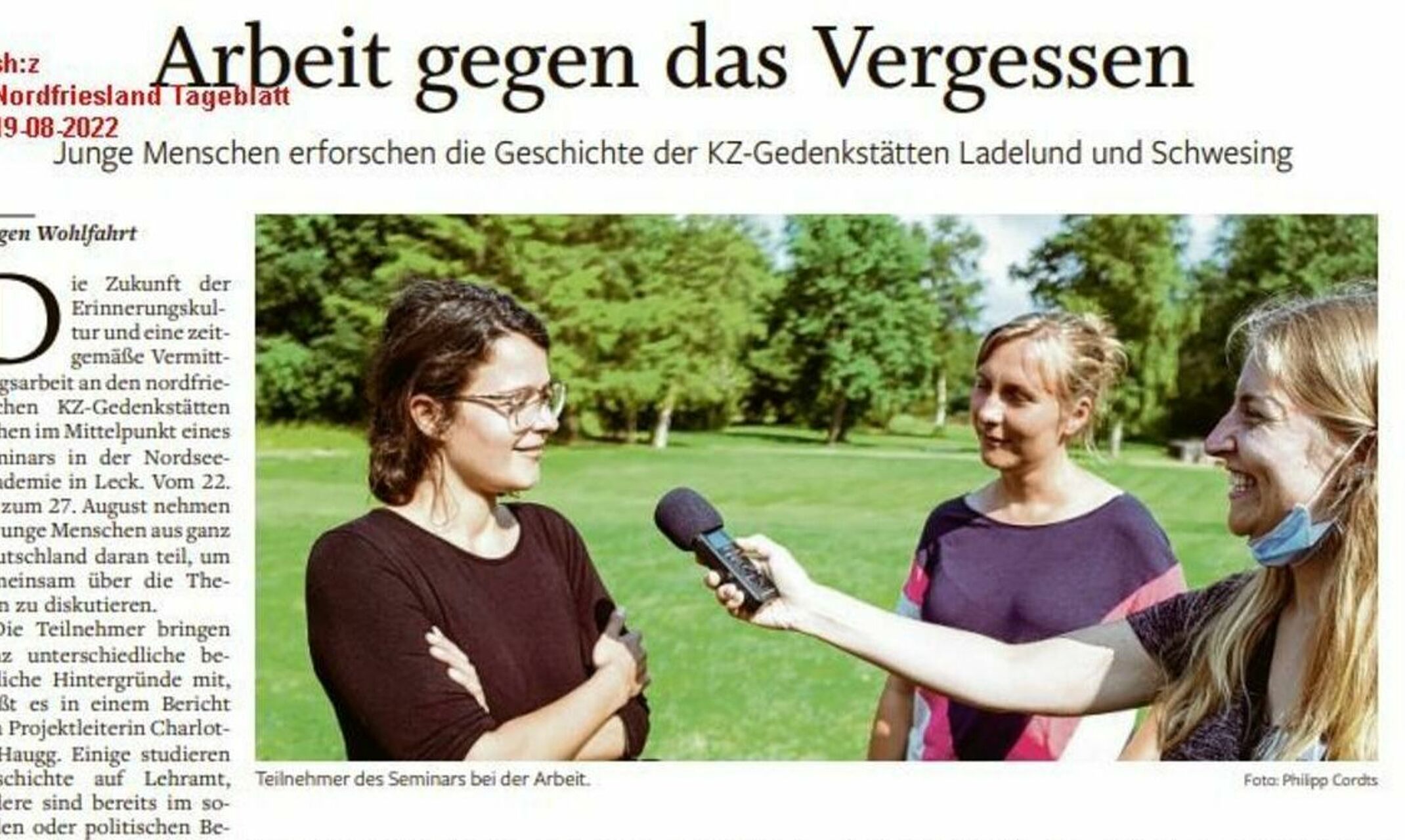 Der Zeitungsartikel Arbeit gegen das Vergessen aus vom shz.