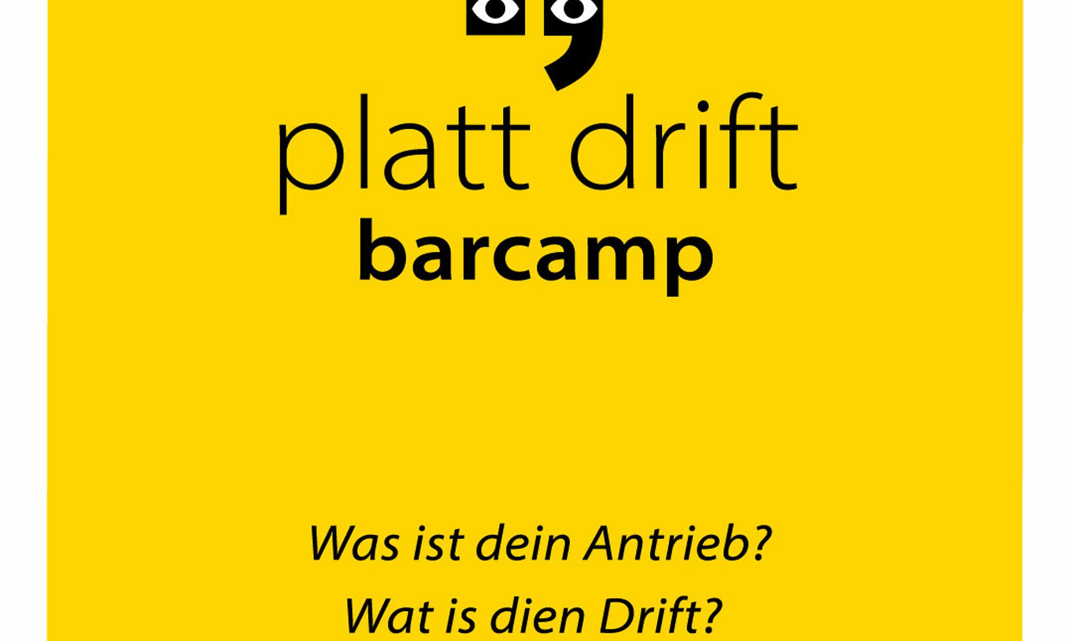 Logo des platt drift barcamps in schwarz auf gelbem Hintergrund.