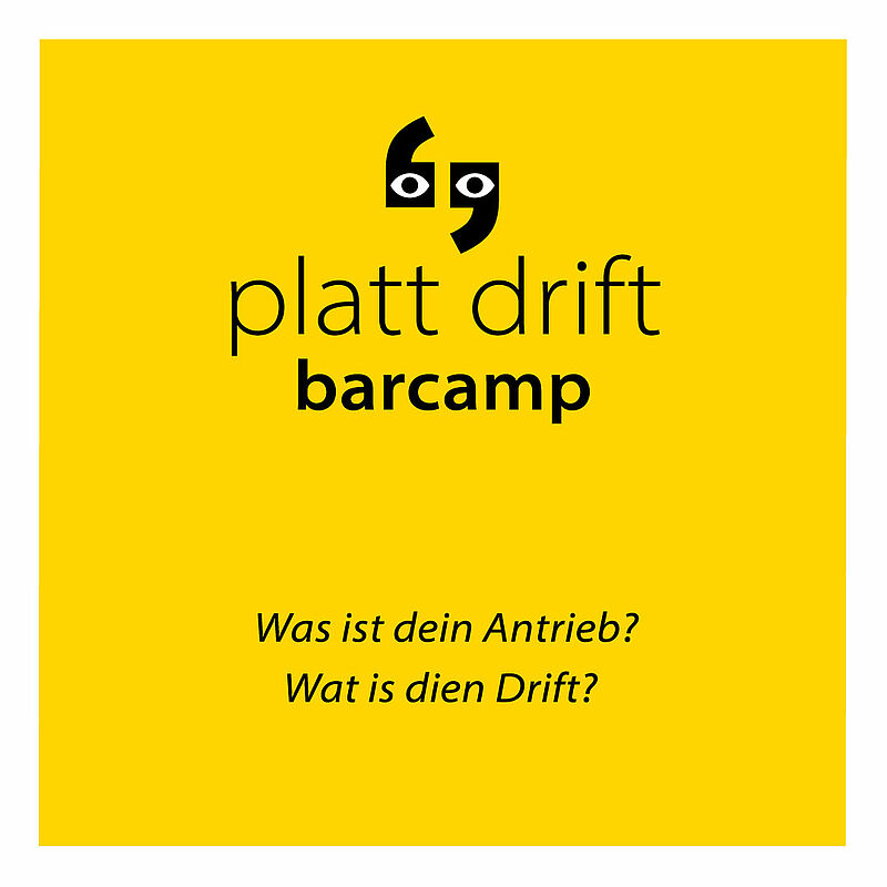Logo des platt drift barcamps in schwarz auf gelbem Hintergrund.