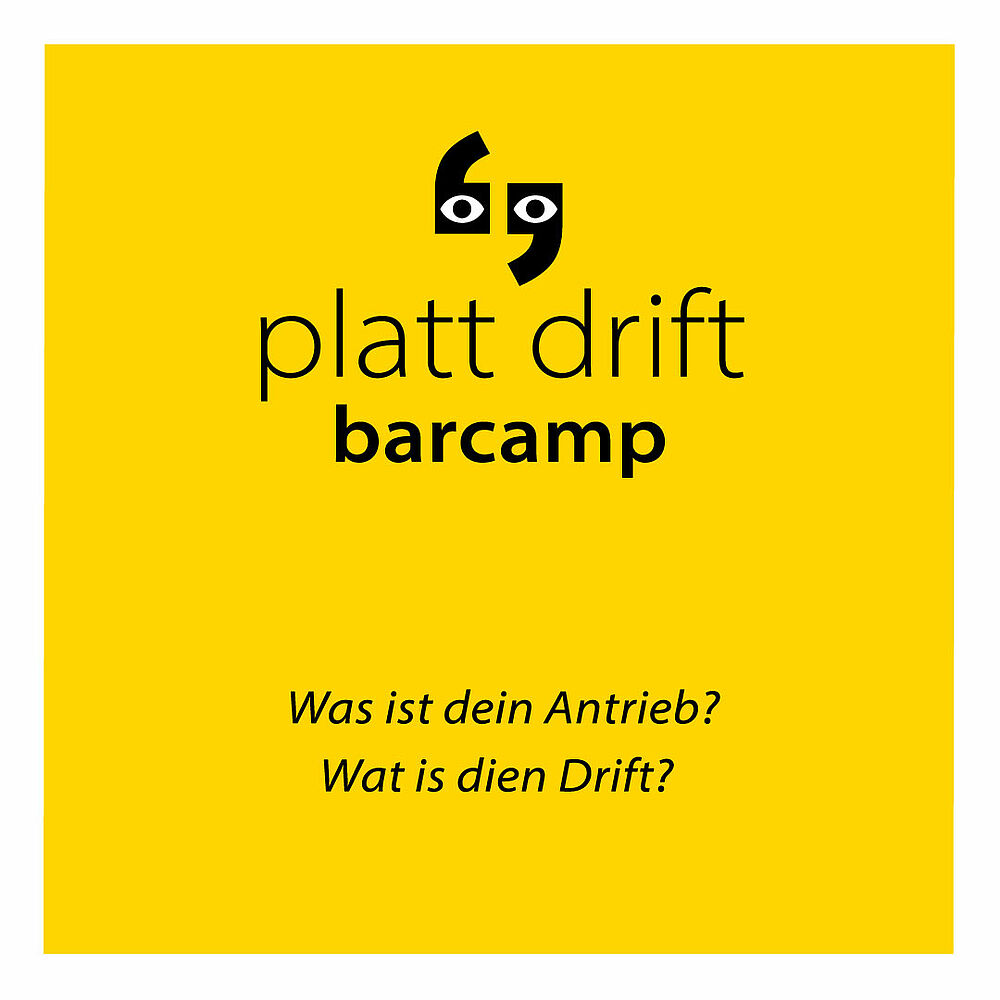 Logo des platt drift barcamps in schwarz auf gelbem Hintergrund.