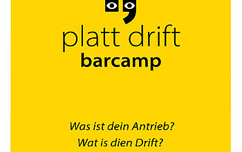 Logo des platt drift barcamps in schwarz auf gelbem Hintergrund.