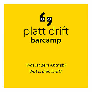 Logo des platt drift barcamps in schwarz auf gelbem Hintergrund.