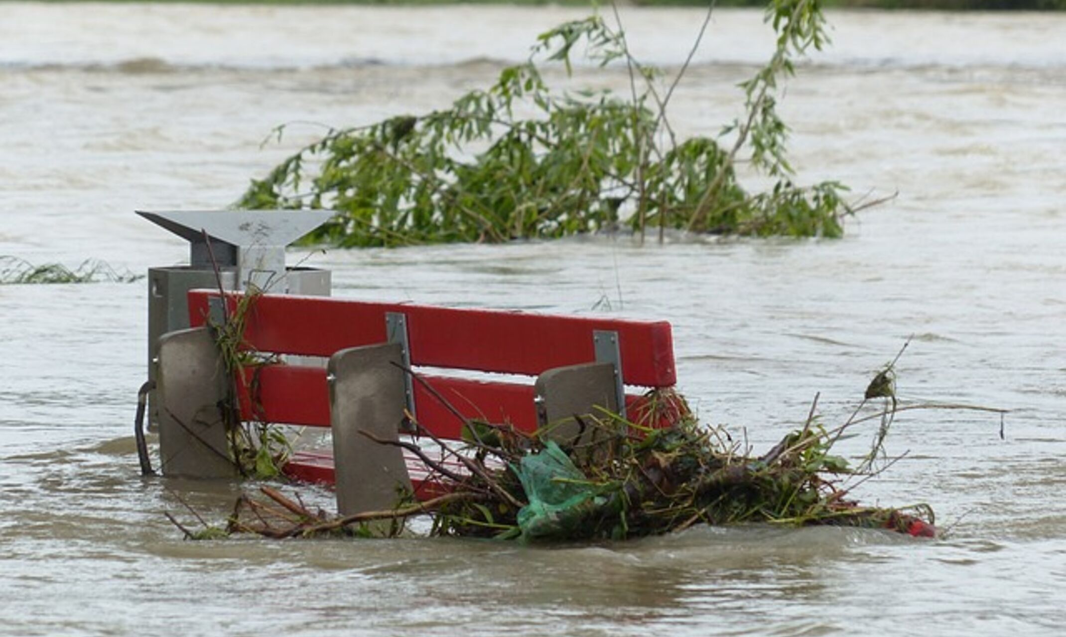 Parkbank und Äste im Hochwasser