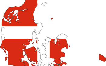 Zeichnung der Umrisse Dänemarks mit den Farben der dänischen Nationalflagge