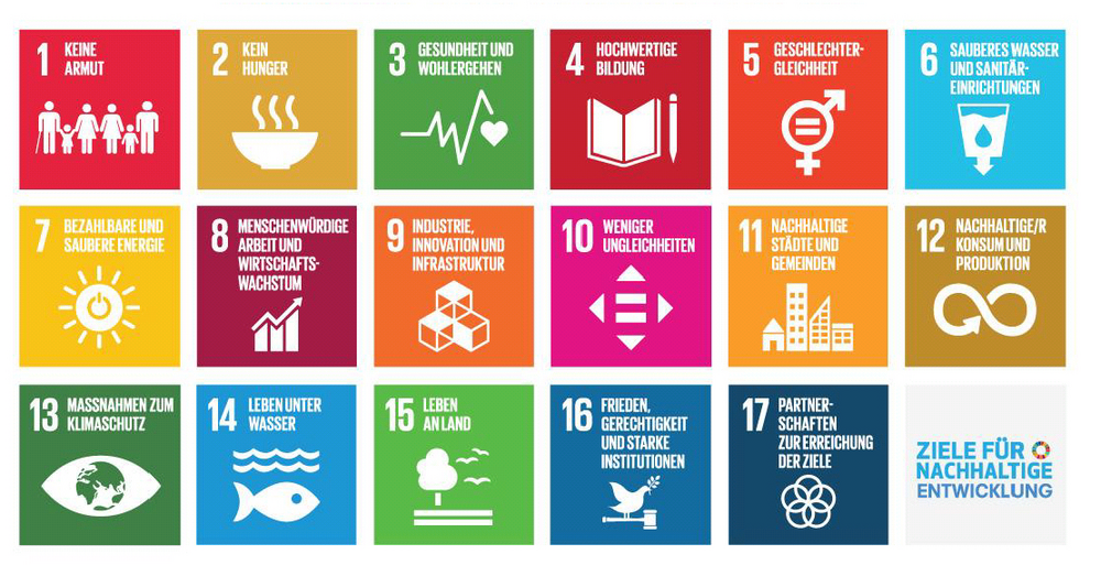 Symbole für die 17 Ziele der nachhaltigen Entwicklung.